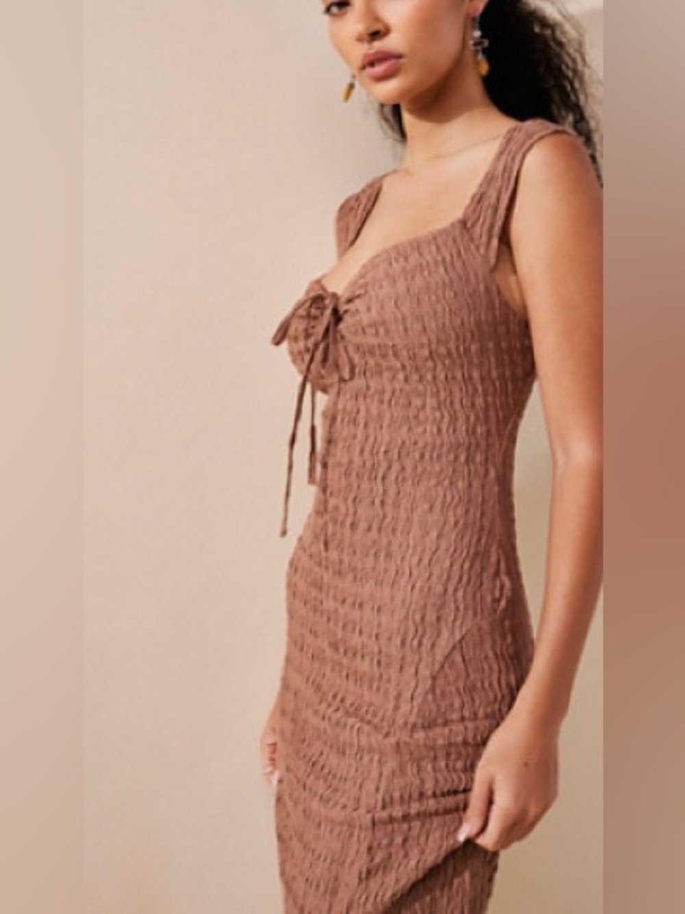 Free People Beach Eleni cocoa  brown Tie-Front textured ribbed bodycon Dress XS